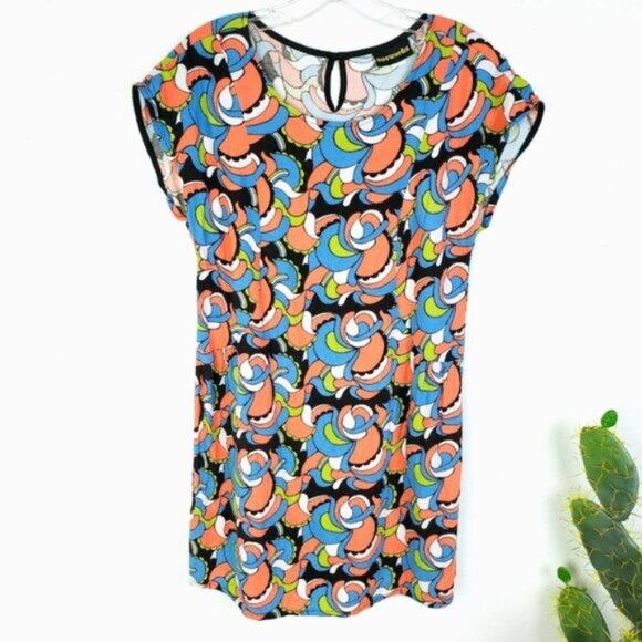 NOOWORKS Louise Mini Shift Dress 70s Style Print size XL Colorful Art-to-wear